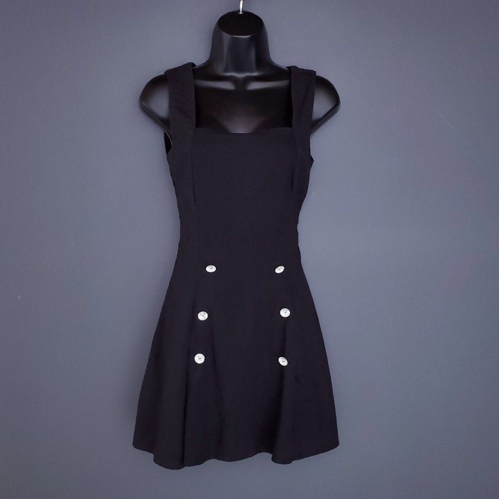 VINTAGE LE CHATEAU Linen Mini Dress Military Square Neck Size S Black Button 90s
